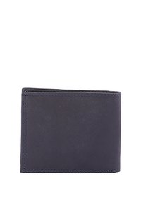 Zwarte leren portemonnee met een gladde textuur, bi-fold ontwerp, afgeronde hoeken en zichtbare stiksels langs de randen.