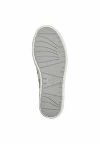 Sohle eines Sneakers, mit strukturiertem grauen Gummi, der Wellenmuster und horizontale Rillen aufweist. Beinhaltet ein zentrales Kreislogo.