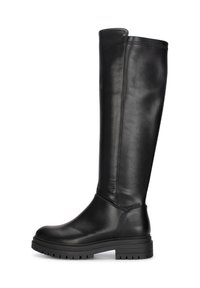 Zwarte kniehoge laarzen van glad leer, met een ronde neus, stevige zool met profiel en minimale stiksels langs de zijkanten.