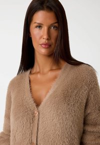 Cardigan beige in pelliccia con scollatura a V, maniche lunghe e chiusura con un solo bottone. Texture morbida con un aspetto accogliente.