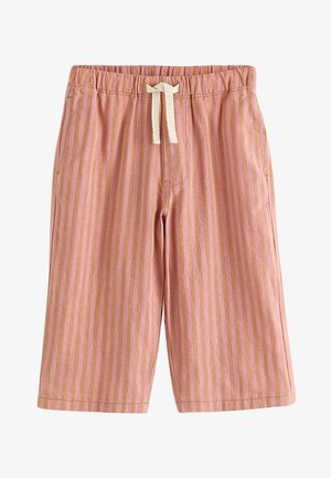 Roze en beige verticale gestreepte shorts met een elastische tailleband en witte trekkoorden, met zijzakken.