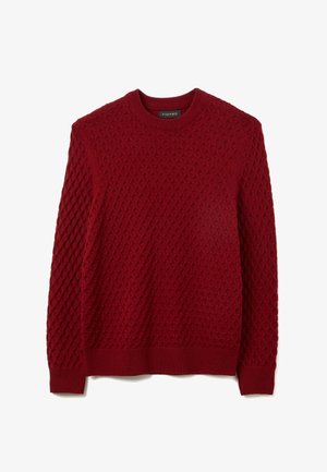 Maglione rosso lavorato a maglia con motivo a diamante testurizzato, scollo rotondo e polsini e orlo a coste. Realizzato in tessuto morbido e caldo.