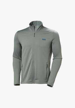 Zip-up jacket in light gray fabric with textured surface; features two side pockets and a small blue logo on the left chest.