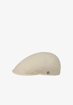 Beige textured flat cap with a subtle herringbone pattern and a small metal brand logo on the side.