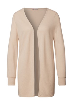 Beige öppen cardigan med långa ärmar, djup V-ringning och ribbade muddar, tillverkad av ett mjukt stickat tyg.