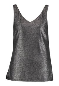 Schwarzes, ärmelloses Top aus Metallic-Stoff mit V-Ausschnitt, das eine glatte Textur und eine leicht lockere Passform aufweist. Seitliche Schlitze sorgen für mehr Bewegungsfreiheit.