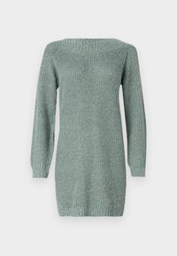 Robe-pull à manches longues en vert doux avec un motif texturé et des bords-côtes aux poignets et à l'ourlet, présentée sur un fond uni.