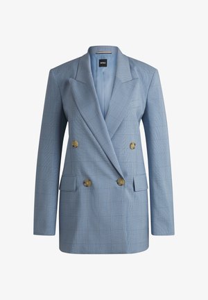 Svetlo modrý dvojradový blejzer vyrobený z textúrovaného materiálu, s kockovaným vzorom, špicatými klopami a zlatými gombíkmi.