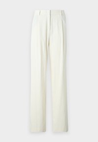 Wide-leg trousers in light cream, featuring vertical ribbing, a flat front with pleats, and a smooth fabric texture.