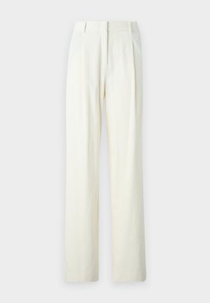 Weite Hosen in hellem Creme mit vertikalen Rippungen, flach vorn mit Falten und einer glatten Stofftextur.