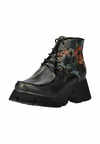 Bottines en cuir noir avec semelle épaisse, lacets à l'avant et panneau en tissu floral à l'arrière et sur les côtés.