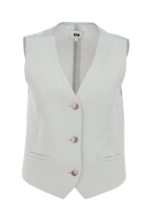 Light gray sleeveless vest with a V-neckline, featuring five buttons and two side pockets, made from smooth fabric with a subtle texture.