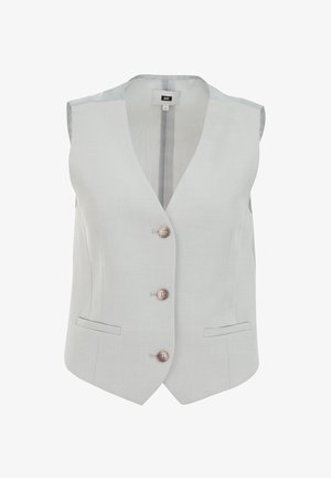 Gai pelēks bezmugurkaula veste ar V veida dekoltē, ar piecām pogām un divām sānu kabatām, izgatavota no gludas auduma ar smalku tekstūru.