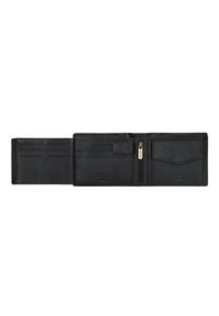 Black leather wallet with a textured finish, featuring multiple card slots, a zippered compartment, and a smooth interior.