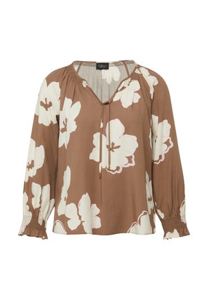 Bruine blouse met lange mouwen, grote witte bloemenprints, geplooide halslijn met strik en elastische ruches aan de manchetten.