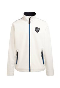 Giacca bianca con zip e colletto alto, zip blu a contrasto e due tasche laterali. Presenta un patch con logo nero sul petto. Tessuto liscio.