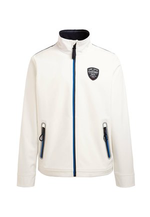 Witte zip-up jas met hoge kraag, blauwe accentritsen en twee zijzakken. Bevat een zwart logo-opdruk op de borst. Soepele stof.