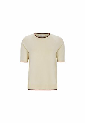 Kremo spalvos trumpomis rankovėmis megztinis su ribotu apačios ir rankogalių apdaila, tamsiai ruda apvija ant apykaklės, rankovių galų ir apatinės kraštinės.