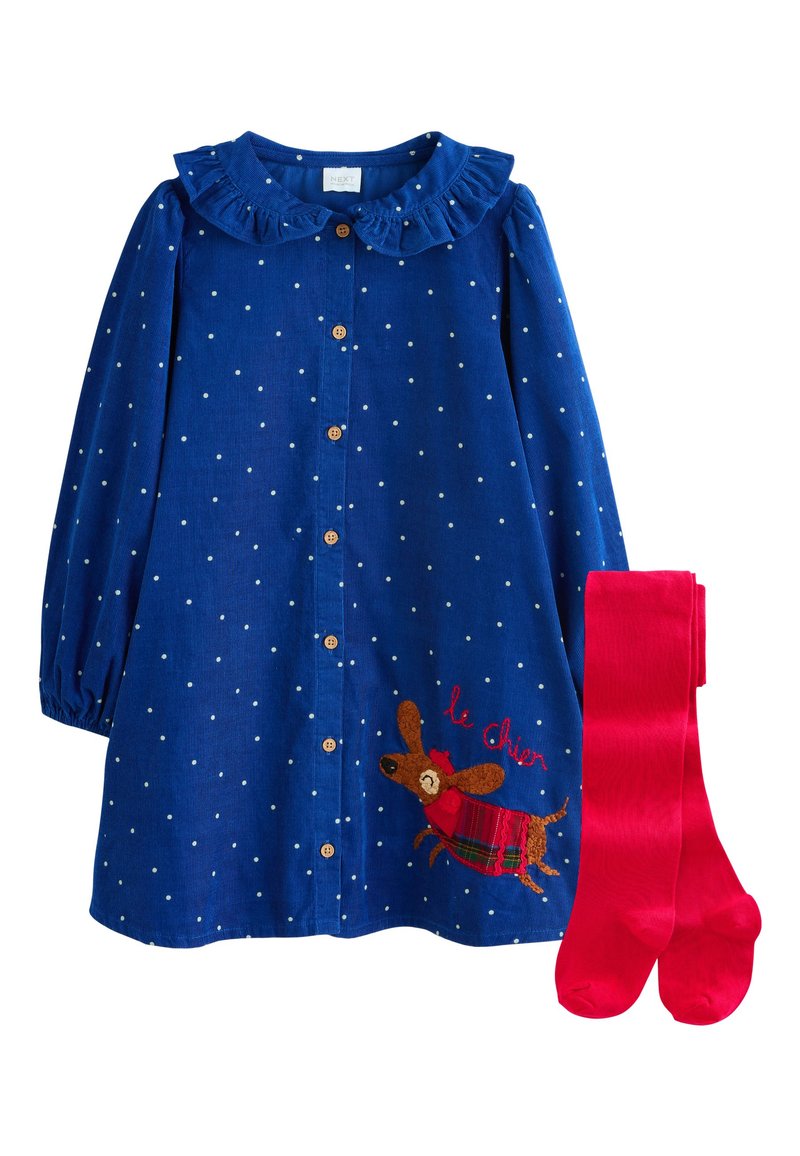 Robe en velours côtelé bleu à pois blancs, col à volants, boutons sur le devant et motif brodé de chien. Comprend des collants rouges.