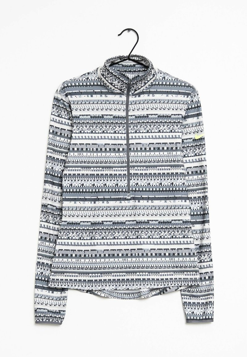 Sudadera de manga larga con cremallera y cuello alto, que presenta un patrón geométrico en tonos de gris y blanco. Fabricada con tejido ligero.