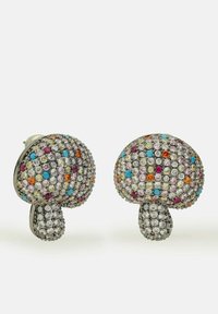 Svampliknande örhängen med flerdimensionella rhinestones på en silverfärgad metallbas, med en strukturerad yta och polerade accenter.