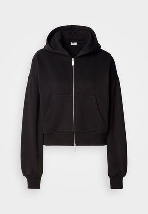 Black cropped hoodie featuring a front zip closure, large hood, and kangaroo pocket. Soft fabric with ribbed cuffs and hem.