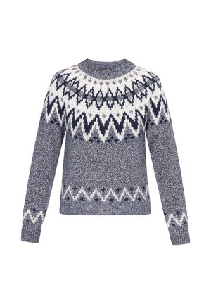 Temno modra pletena jopica z belim vzorcem na vratu, okrašena z zigzag motivi. Ima dolge rokave in okroglo ovratnico. Mehka tekstura.