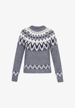 Mornarsko plava pletena majica s bijelim uzorkom na vratu, s motivima u obliku zig-zaga. Dugo rukavi i okrugli izrez. Mekana tekstura.