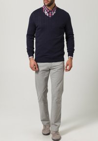Marineblauer, gestrickter Pullover mit V-Ausschnitt über einem karierten Hemd, kombiniert mit hellgrauen Hose und beigen Schuhen. Der Look ist lässig und geschichtet.