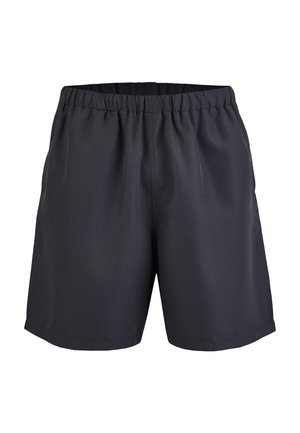 Schwarze elastische Taillenshorts mit geradem Saum, glattem Stoff und lockerer Passform, auf weißem Hintergrund dargestellt.