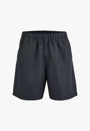 Black elastic waist shorts with a straight hem, smooth fabric, and a relaxed fit, shown on a white background.