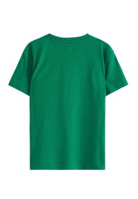 Grøn bomulds t-shirt, korte ærmer, rund halsudskæring, glat tekstur, ensfarvet design uden mønstre eller accenter, vist fra bagsiden.