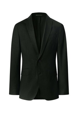 Donkergroene blazer gemaakt van textuurstof; heeft gestructureerde revers, een enkele knoopsluiting en twee voorkanten zakken.