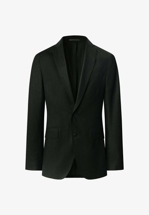 Dunkelgrüner Blazer aus strukturiertem Stoff; mit strukturierten Revers, Ein-Knopf-Verschluss und zwei Fronttaschen.