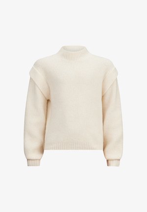 Maglione a coste color crema con collo alto, spalle cadenti e maniche lunghe. Texture morbida e vestibilità comoda.