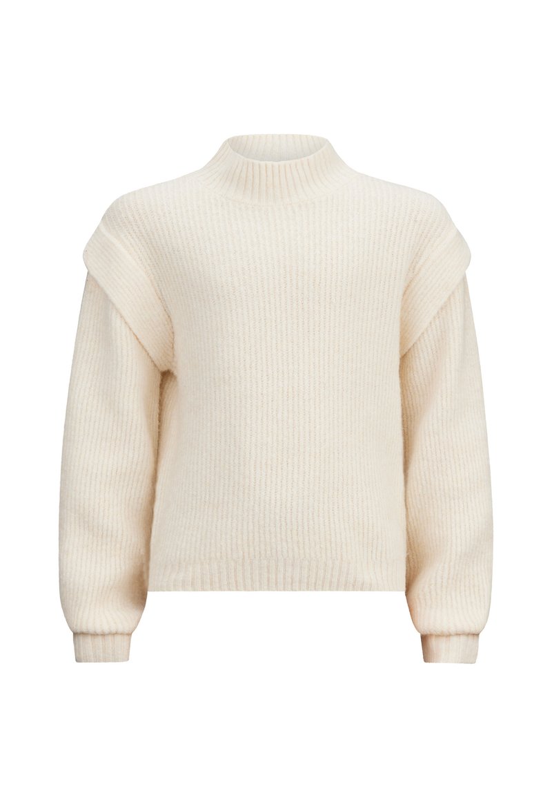 Cremefarbenes, geripptes Sweater mit hohem Kragen, überschnittenen Schultern und langen Ärmeln. Weicher Stoff und lockere Passform.
