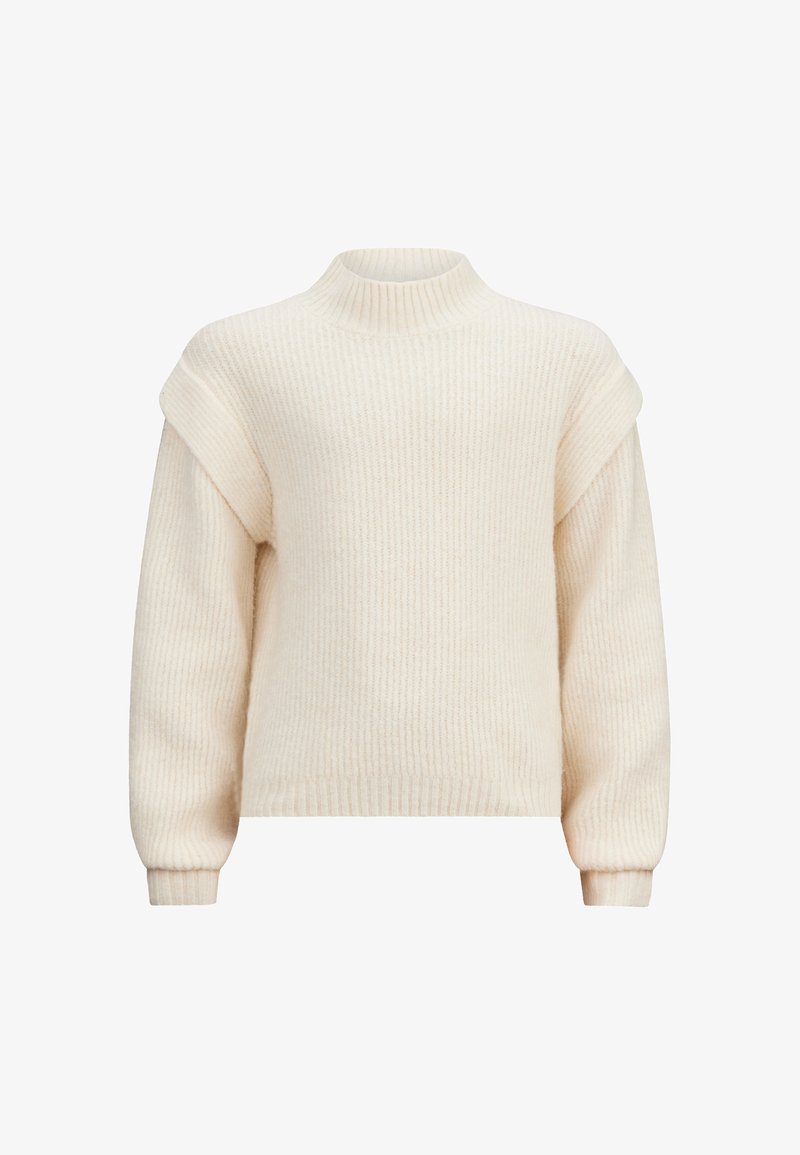Cremefarbenes, geripptes Sweater mit hohem Kragen, überschnittenen Schultern und langen Ärmeln. Weicher Stoff und lockere Passform.