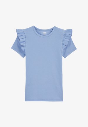 Svijetloplava majica kratkih rukava s rebrastim uzorkom, okruglim izrezom i naboranim detaljima na ramenima, dječja veličina 122/128.