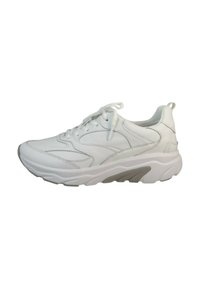 Witte sport sneaker gemaakt van glad synthetisch materiaal, met een ronde neus, een gevoerde zool en ingewikkelde stiksels.