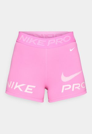Nike Pro ružičaste atletske kratke hlače s visokim elastičnim pojasom, bijelim logotipom i glatkim, rastezljivim materijalom.