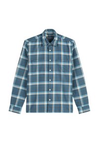 Koszula w kratę w odcieniach niebieskiego i zielonkawo-niebieskiego, z kołnierzykiem na guziki, długimi rękawami oraz teksturowaną bawełnianą tkaniną z kontrastującymi wzorami krat.