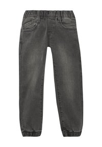 Jeans grises de talle elástico con piernas ajustadas, bolsillos delanteros y una textura de denim suave. Sin patrones visibles ni detalles de hardware.