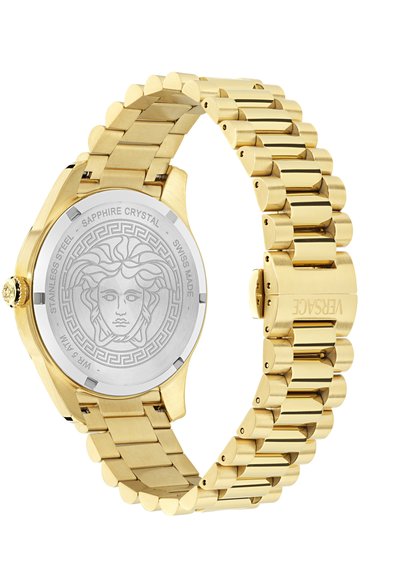 Orologio in acciaio inossidabile dorato con bracciale a maglie, cassa rotonda, cristallo di zaffiro e design Medusa inciso sul retro. Marca: Versace.