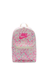 Sac à dos Nike avec un motif abstrait rose et menthe, fabriqué en tissu durable, doté d'une poche zippée à l'avant et d'une poignée en haut pour le transport.