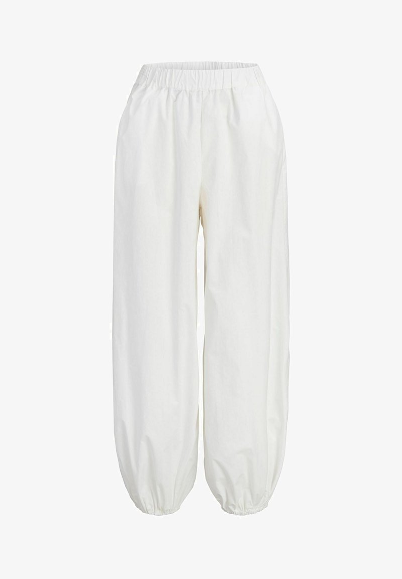 Άσπρο, φαρδύ παντελόνι με ελαστική ζώνη μέσης και ελαστικές μανσέτες στους αστραγάλους, κατασκευασμένο από ελαφρύ ύφασμα.