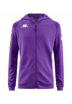 Felpa con zip di colore viola realizzata in tessuto liscio. Presenta una superficie testurizzata, due tasche e accenti del logo bianco sulle maniche.