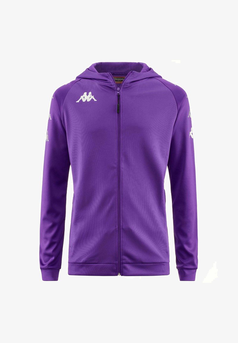Sweatshirt zippé violet en tissu lisse. Présente une surface texturée, deux poches et des accents de logo blanc sur les manches.