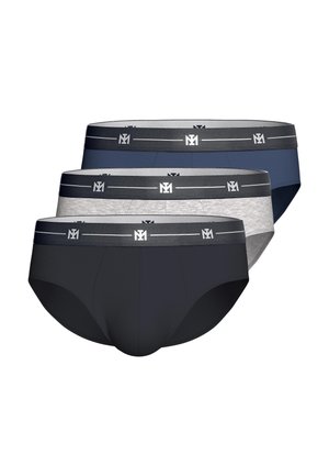 Tre herreunderbukser i brief-style i sort, grå og marineblå med elastiske linninger med gentagne hvide logoer og striber.