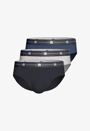 Drie herenboxershorts in zwart, grijs en marineblauw met elastische taillebanden met een herhalend wit logo en strepen.