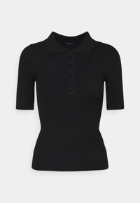 Polo shirt noir à côtes avec un col classique, des manches courtes et une patte de boutonnage à six boutons à l'avant. Texture douce, design ajusté.